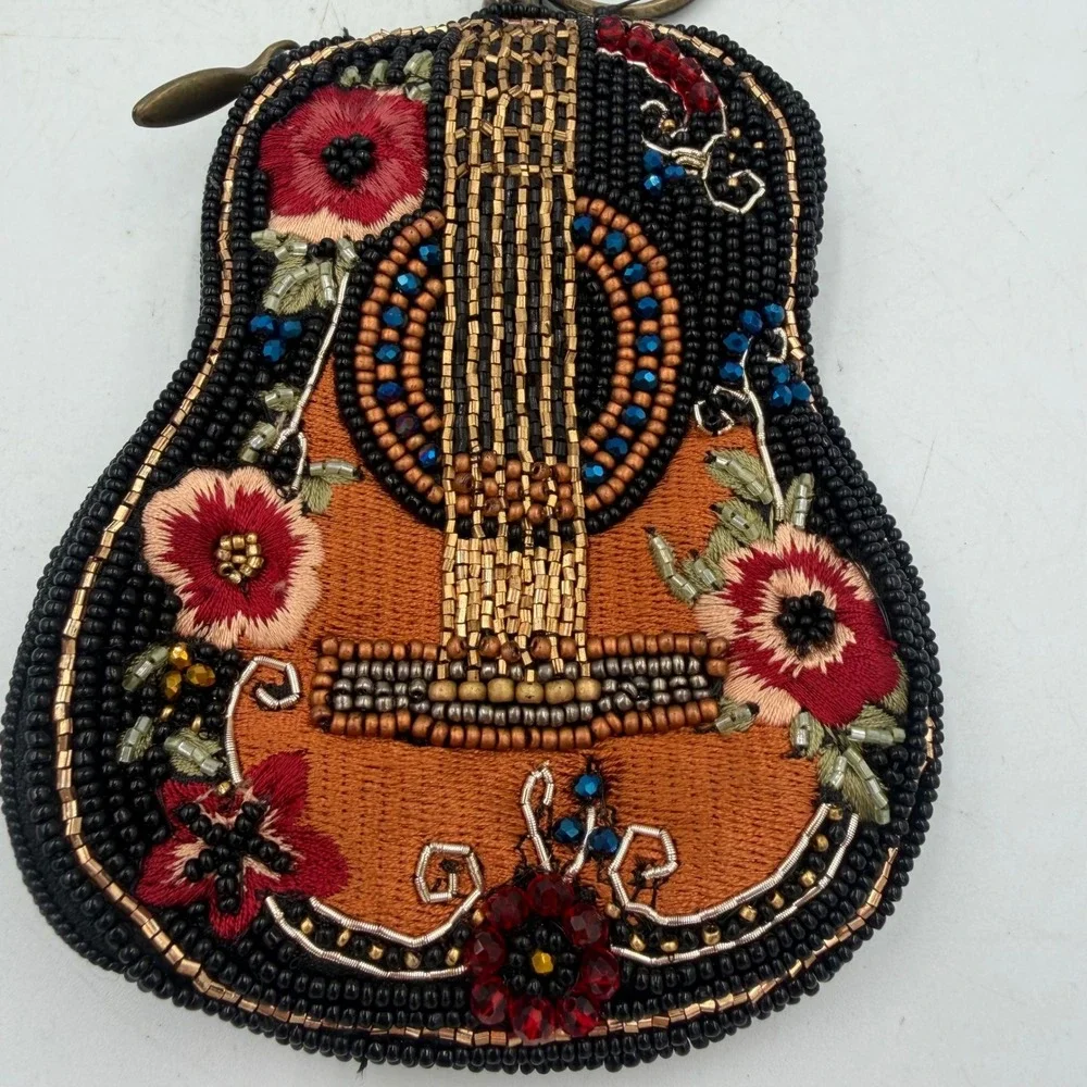 NWT Mary Frances Beaded Guitar Coin Purse Keychain Floral Boho Music Bag